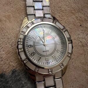 Silver Tone Mother-of-Pearl Dial Crystal Accent Quartz Watch